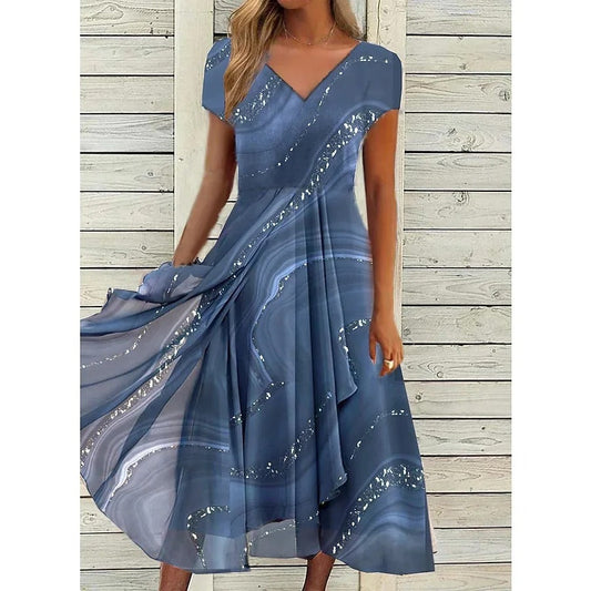 Elegant Marble Print Midi Dress for Women with V Neck Cap Sleeve Sequin Draped Flowing Style
