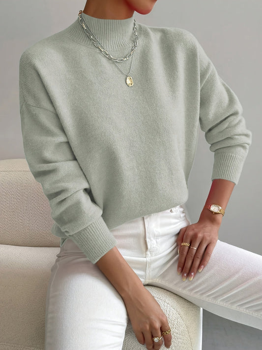 Comfortable Mock Neck Sweater for Women with Long Sleeve Ribbed Cuff Relaxed Oversized Style