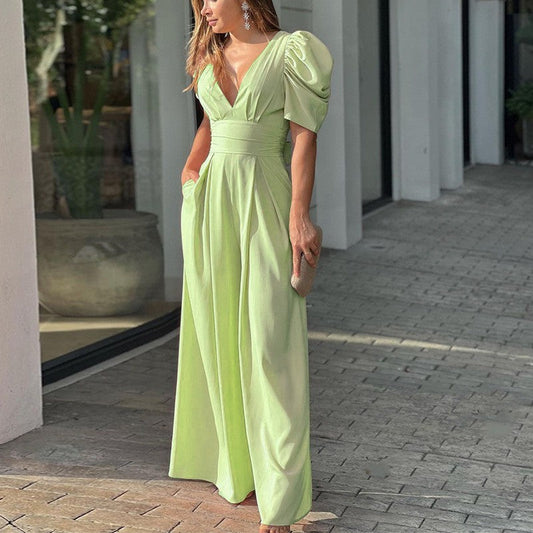 Elegant Satin Wide Leg Jumpsuit for Women with V Neck Puff Sleeve Belted Waist Flowing Style