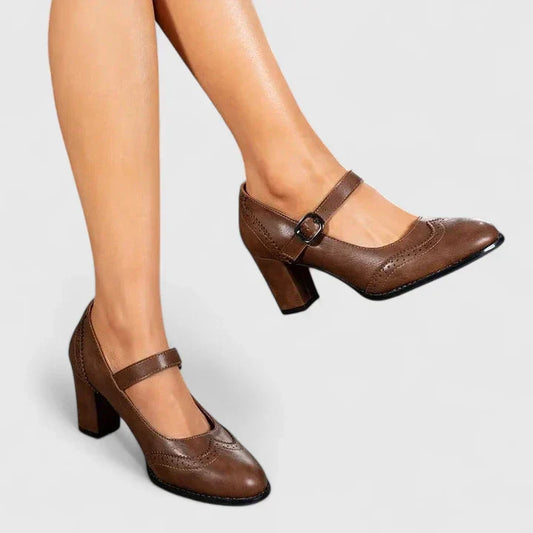 Elegant Leather Mary Jane Pumps for Women with Buckle Strap Wingtip Block Heel Style