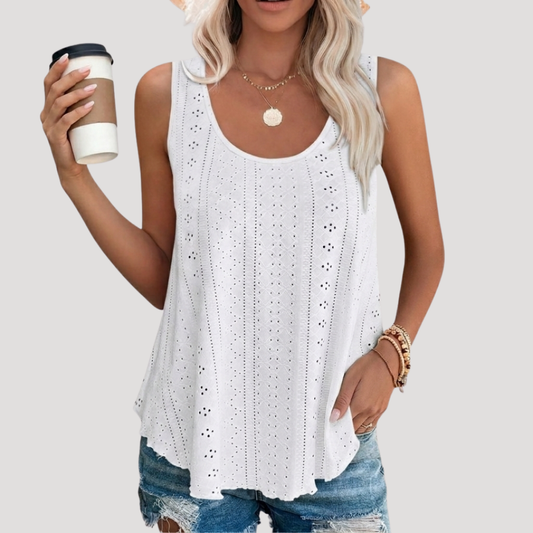 Effortless Eyelet Tank Top for Women with Scoop Neck Sleeveless Flowy Swing Boho Style