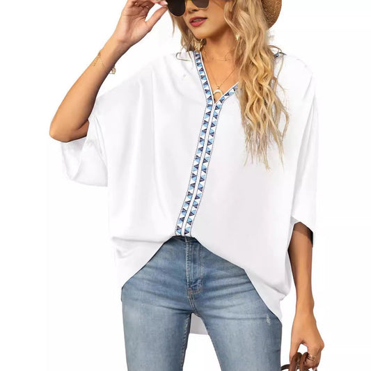 Effortless Embroidered Trim Kaftan Blouse for Women with V Neck Batwing Sleeve High Low Hem Bohemian Style