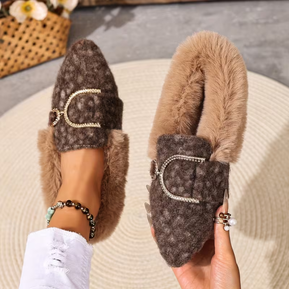 Comfortable House Shoes for Women with Faux Fur Trim Buckle Detail Round Toe Slip On Style