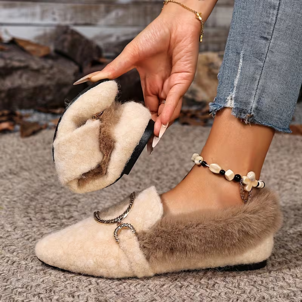 Comfortable House Shoes for Women with Faux Fur Trim Buckle Detail Round Toe Slip On Style