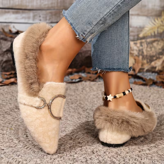 Comfortable House Shoes for Women with Faux Fur Trim Buckle Detail Round Toe Slip On Style