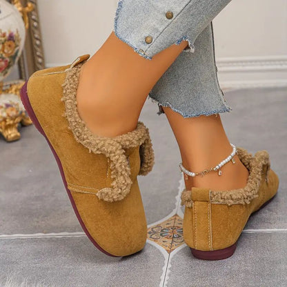 Comfortable Winter Shoes for Women with Faux Fur Strap Detail Cushioned Slip On Flat Style