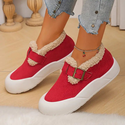 Comfortable Mary Jane Shoes for Women with Faux Fur Trim Buckle Strap Platform Slip On Style