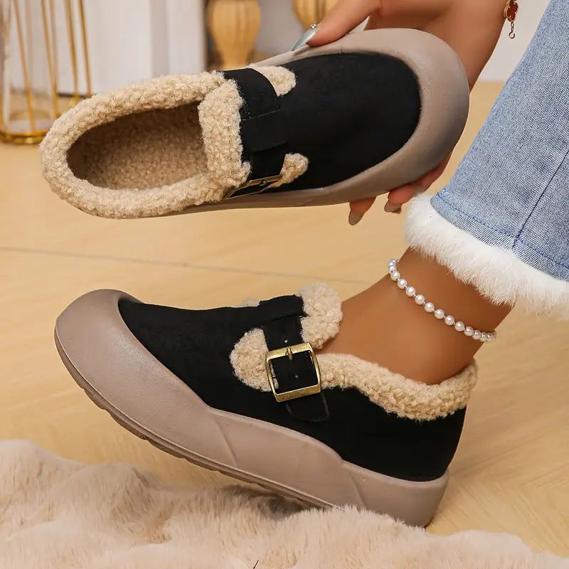 Comfortable Mary Jane Shoes for Women with Faux Fur Trim Buckle Strap Platform Slip On Style