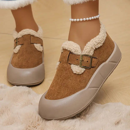 Comfortable Mary Jane Shoes for Women with Faux Fur Trim Buckle Strap Platform Slip On Style