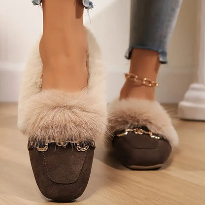 Comfortable Slippers for Women with Faux Fur Trim Chain Detail Suede Look Mule Style