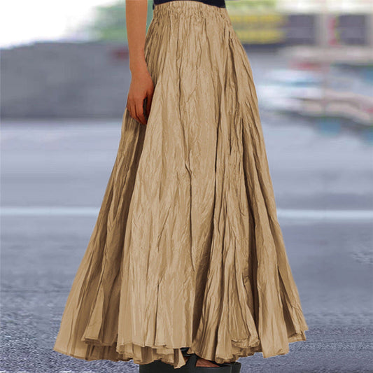 Effortless Pleated Maxi Skirt for Women with High Waist Elastic Waistband A Line Flowing Bohemian Style
