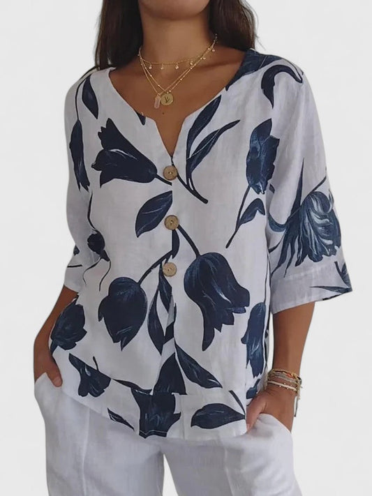 Effortless Floral Linen Blouse for Women with V Neck Elbow Sleeve Button Front Relaxed Style