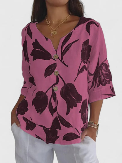 Opaline | Women's Floral Print V-Neck 3/4 Sleeve Blouse