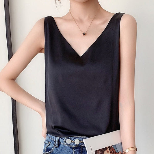 Effortless Satin Blouse for Women with V Neck Sleeveless Relaxed Flowing Tank Style