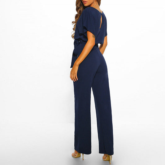 Elegant Wide Leg Jumpsuit for Women with Boat Neck Flutter Sleeve Belted Keyhole Back Style