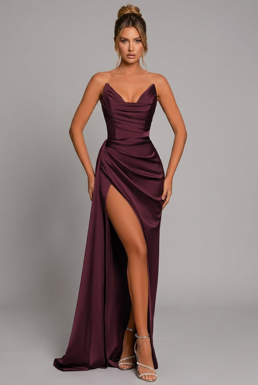 Elegant Satin Maxi Dress for Women with Cowl Neck Strapless Ruched High Slit Formal Style