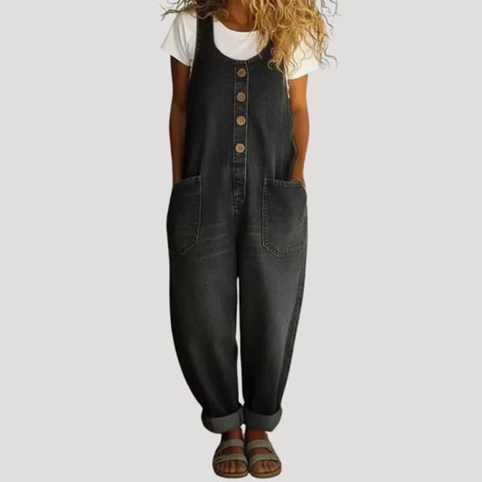 Effortless Denim Overalls for Women with Scoop Neck Sleeveless Button Front Wide Leg Casual Style