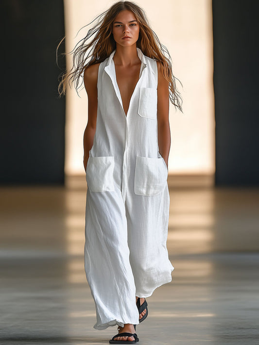 Effortless White Linen Jumpsuit for Women with Collar V Neck Sleeveless Wide Leg Relaxed Style