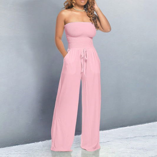 Effortless Wide Leg Jumpsuit for Women with Strapless Smocked Tie Waist Relaxed Style