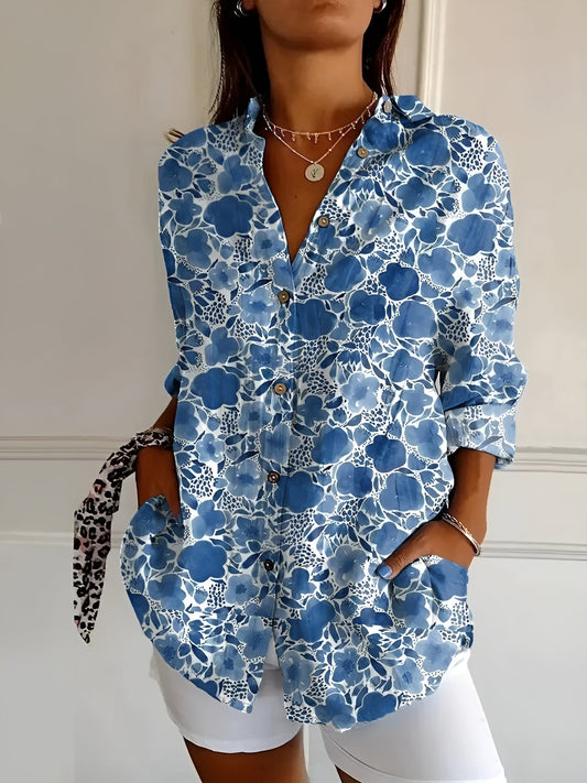 Effortless Floral Print Blouse for Women with V Neck Long Sleeve Button Front Relaxed Casual Style