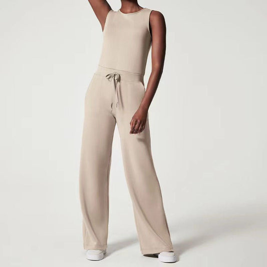 Effortless Wide Leg Set for Women with Round Neck Sleeveless Drawstring Relaxed Two Piece Style