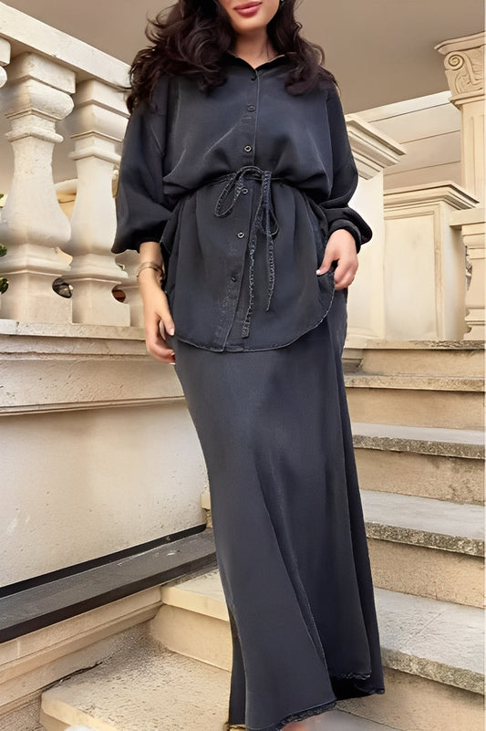 Elegant Satin Two Piece Set for Women with Button Front Belted Shirt Maxi Skirt Relaxed Style