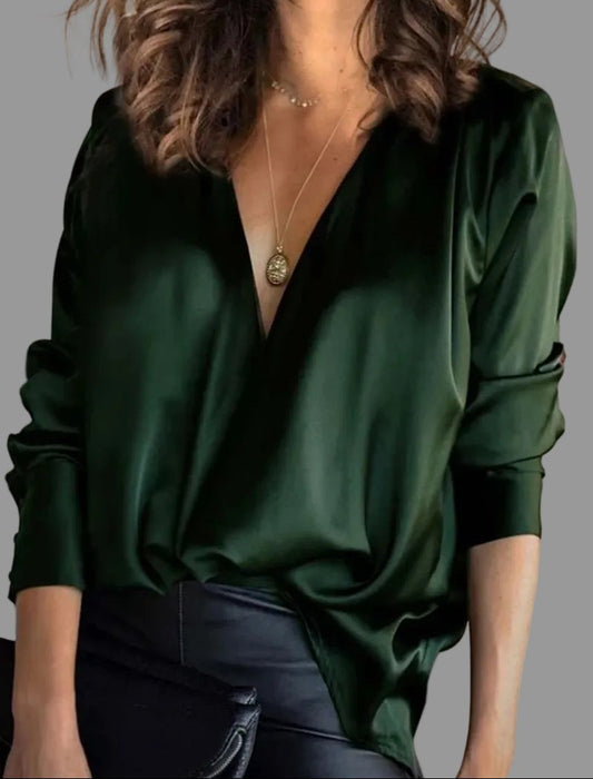 Elegant Satin Blouse for Women with V Neck Long Sleeve Draped Wrap Relaxed Silky Style