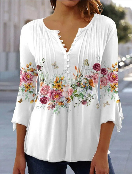 Effortless Pintuck Blouse for Women with V Neck Bell Sleeve Button Front Boho Style
