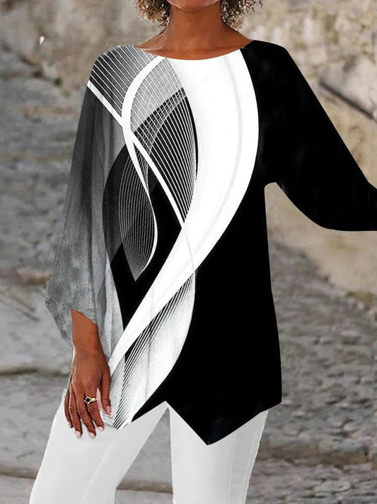 Elegant Black and White Geometric Print Tunic for Women with Round Neck Batwing Sleeve Asymmetric Hem Flowing Style
