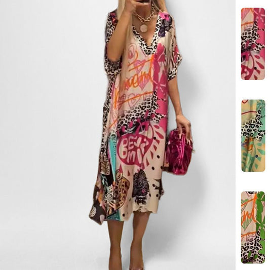 Elegant Leopard Print Kaftan Midi Dress for Women with V Neck Batwing Sleeve Flowing Boho Style