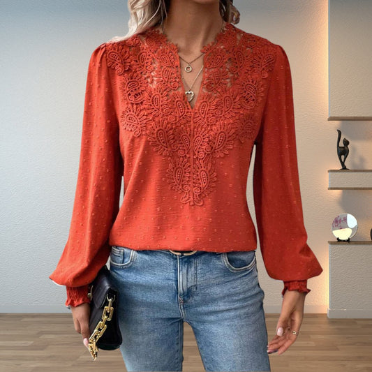Elegant Crochet Lace Blouse for Women with V Neck Bishop Sleeve Smocked Cuff Boho Style