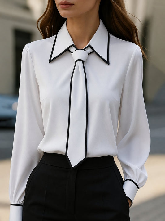 Elegant Contrast Trim Blouse for Women with Collar Long Sleeve Tie Neck Silky Style