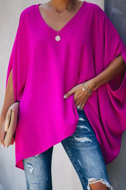 Effortless Flowy Poncho Blouse for Women with V Neck Batwing Sleeve Asymmetrical Hem Boho Style