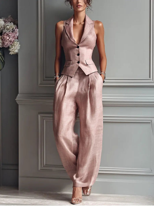 Elegant Light Pink Linen Two Piece Set for Women with Lapel Collar Sleeveless Button Front Wide Leg Formal Style
