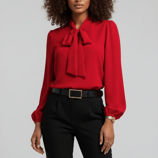 Elegant Satin Blouse for Women with Tie Neck Long Sleeve Button Cuff Relaxed Style
