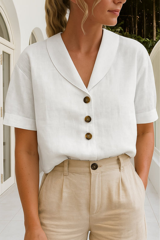 Effortless Linen Blouse for Women with Shawl Collar Short Sleeve Button Front Relaxed Style