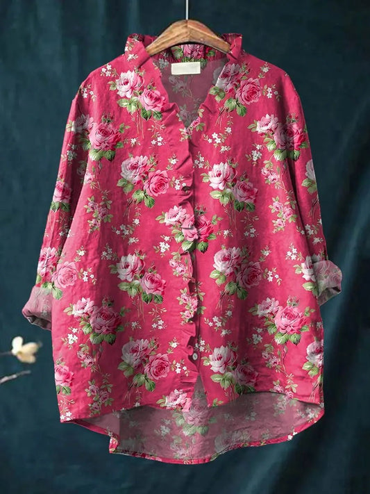 Effortless Pink Floral Linen Blouse for Women with Ruffled V Neck Long Sleeve High Low Relaxed Style