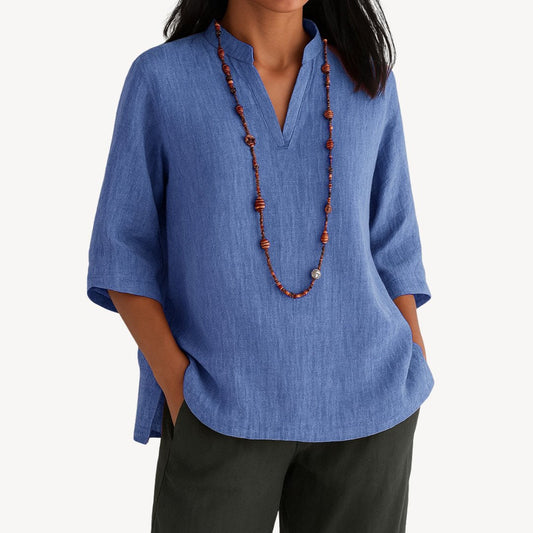Effortless Linen Blouse for Women with V Neck Elbow Sleeve Relaxed Side Slit Casual Style