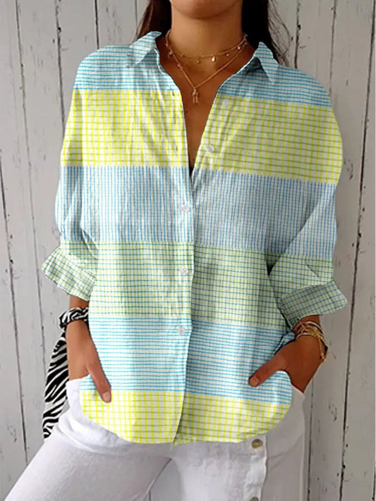 Effortless Multicolor Plaid Blouse for Women with Collar Long Sleeve Button Front Relaxed Casual Style