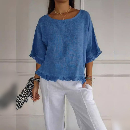 Effortless Linen Blouse for Women with Scoop Neck Half Sleeve Ruffle Trim Relaxed Style