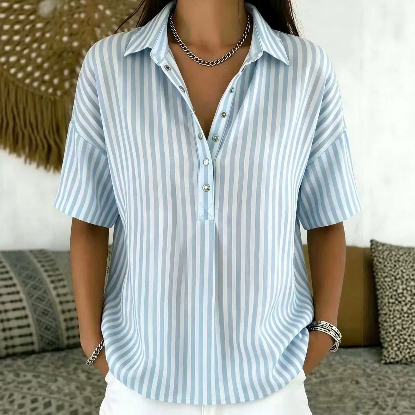 Penelope | Women's Relaxed-Fit Striped Collared Half-Button Blouse