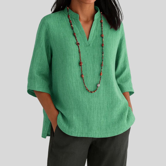 Effortless Linen Tunic Blouse for Women with Mandarin Collar V Neck Elbow Sleeve Relaxed Flowing Style