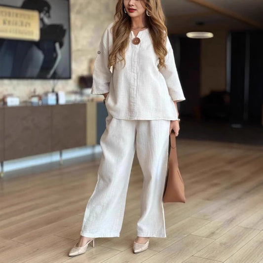 Effortless Linen Wide Leg Set for Women with V Neck Button Front Elbow Sleeve Relaxed Two Piece Style