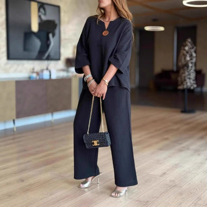 Grace | Women's Relaxed Linen-Look 3/4 Sleeve Tunic Wide-Leg Pants Set