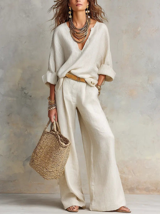 Effortless Linen Wide Leg Set for Women with V Neck Long Sleeve Relaxed Two Piece Style