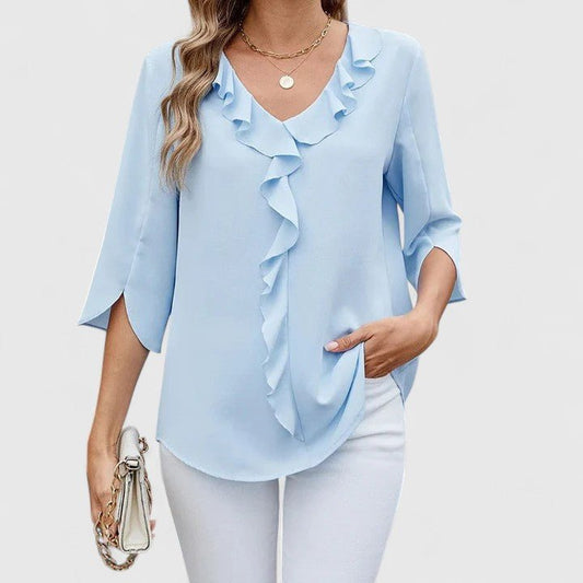 Effortless Ruffle Blouse for Women with V Neck Split Sleeve Flowing Casual Style