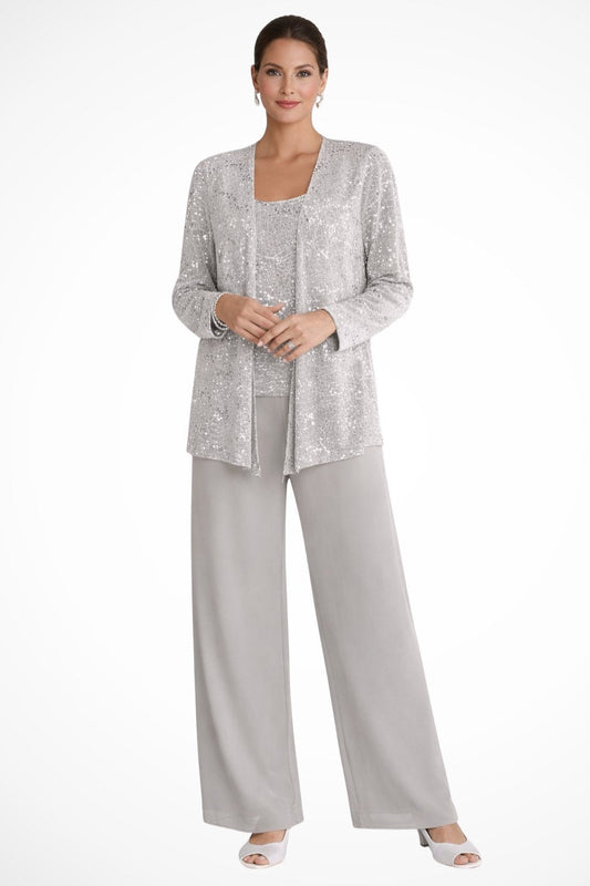 Elegant Sequin Three Piece Set for Women with Square Neck Open Front Jacket Wide Leg Pant Formal Style