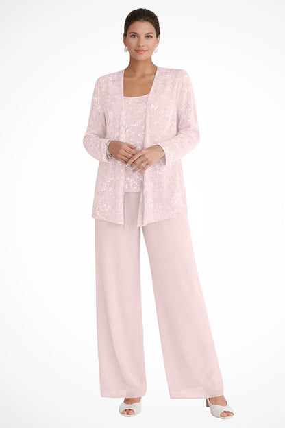 Luna | Women's Sequined Three-Piece Wide Leg Pants Suit Long Sleeve