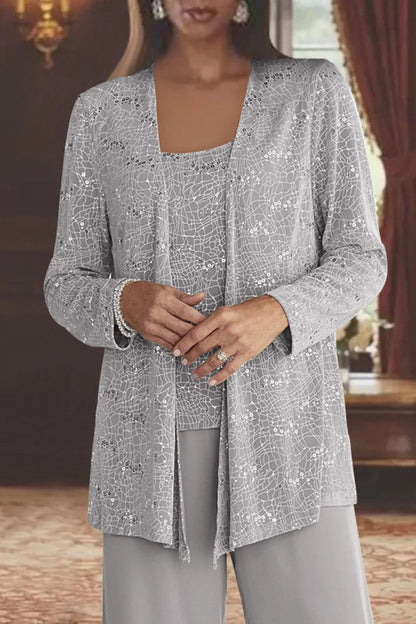 Luna | Women's Sequined Three-Piece Wide Leg Pants Suit Long Sleeve