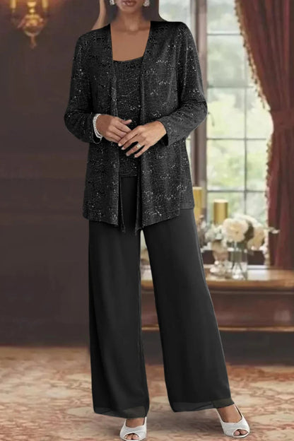 Luna | Women's Sequined Three-Piece Wide Leg Pants Suit Long Sleeve